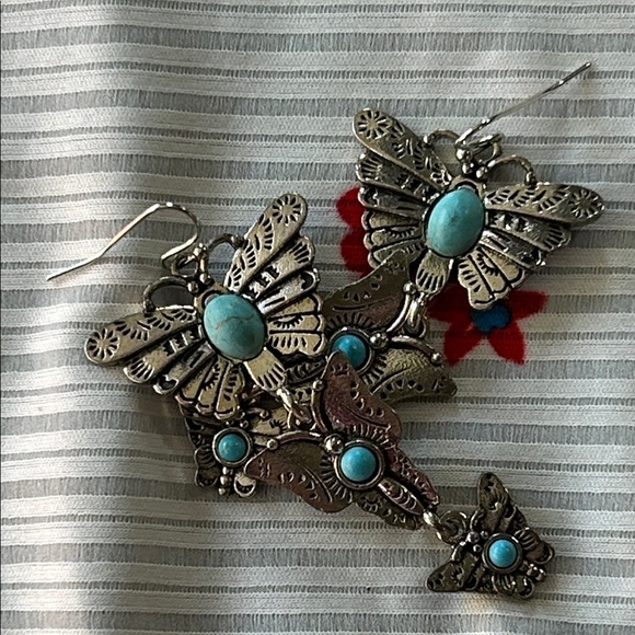 Silver Butterfly Dangle Earrings with Turquoise Accents - Picture 2 of 4